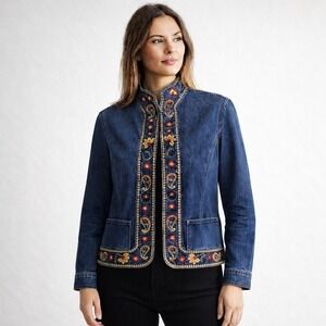 VTG Women Denim Jacket Embroidered Blue Paisley Floral Collar 14 Boho Cottage